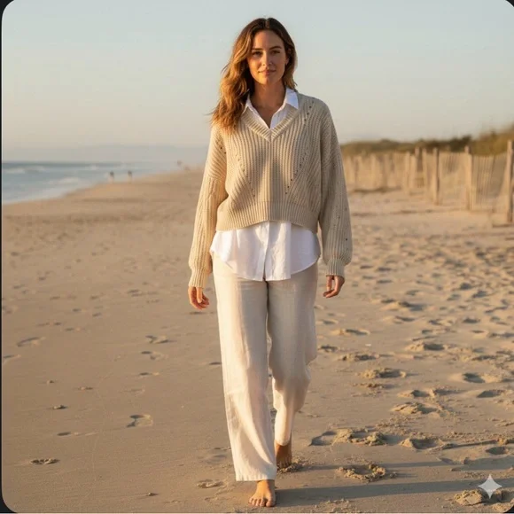 Jon & Anna Cream Pointelle Knit Cropped Sweater - Size M - Boho Coastal Academia - Picture 13 of 15